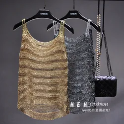 2023 new summer gold thread bright silk hollow canotta shiny thin sexy see-through top crop top donna 2020 top per donna