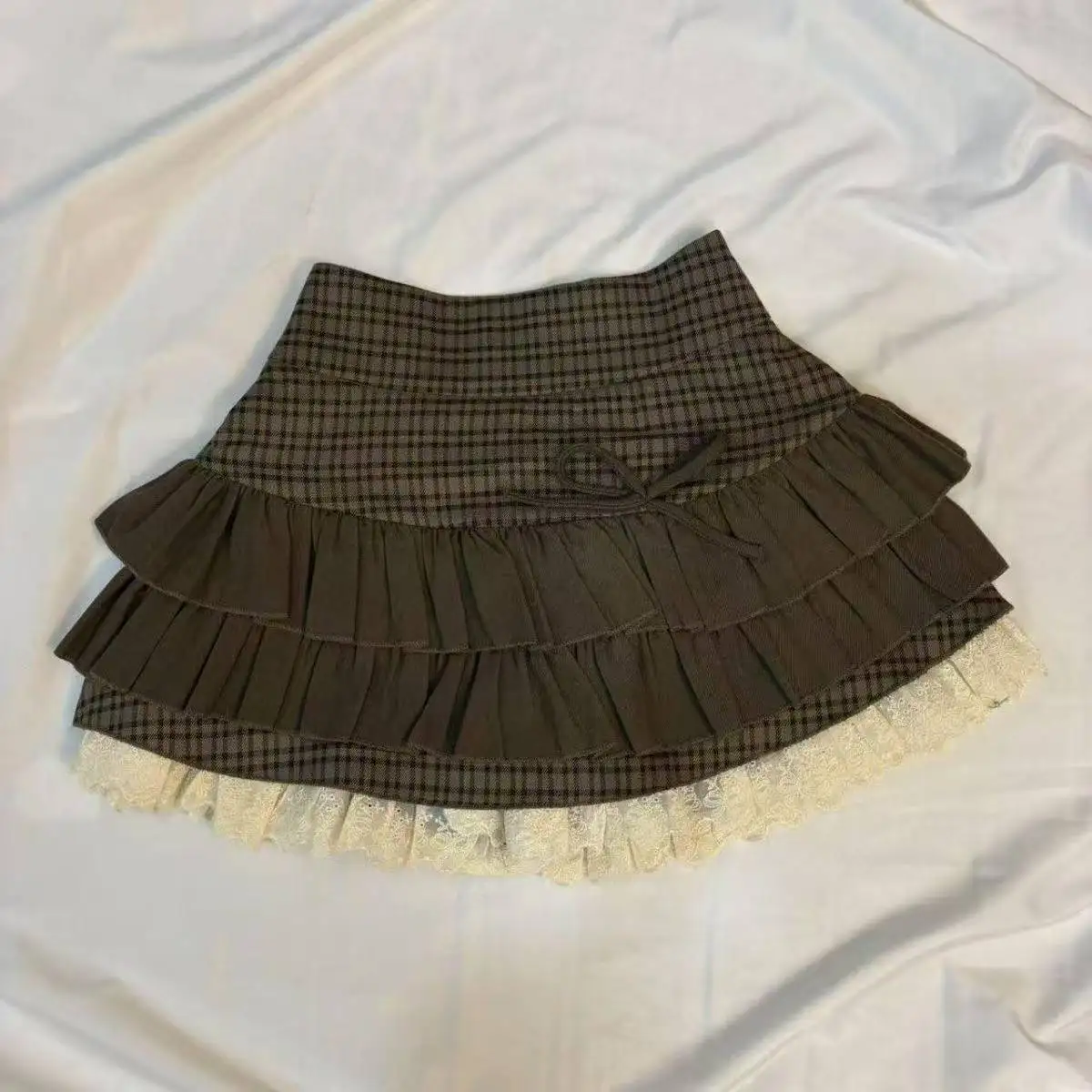 

Brown Women Plaid Skirts Vintage Lace Patchwork Cute Fashion High Waist Layered Skirt Kawaii Lolita Sweet Mini Skirts