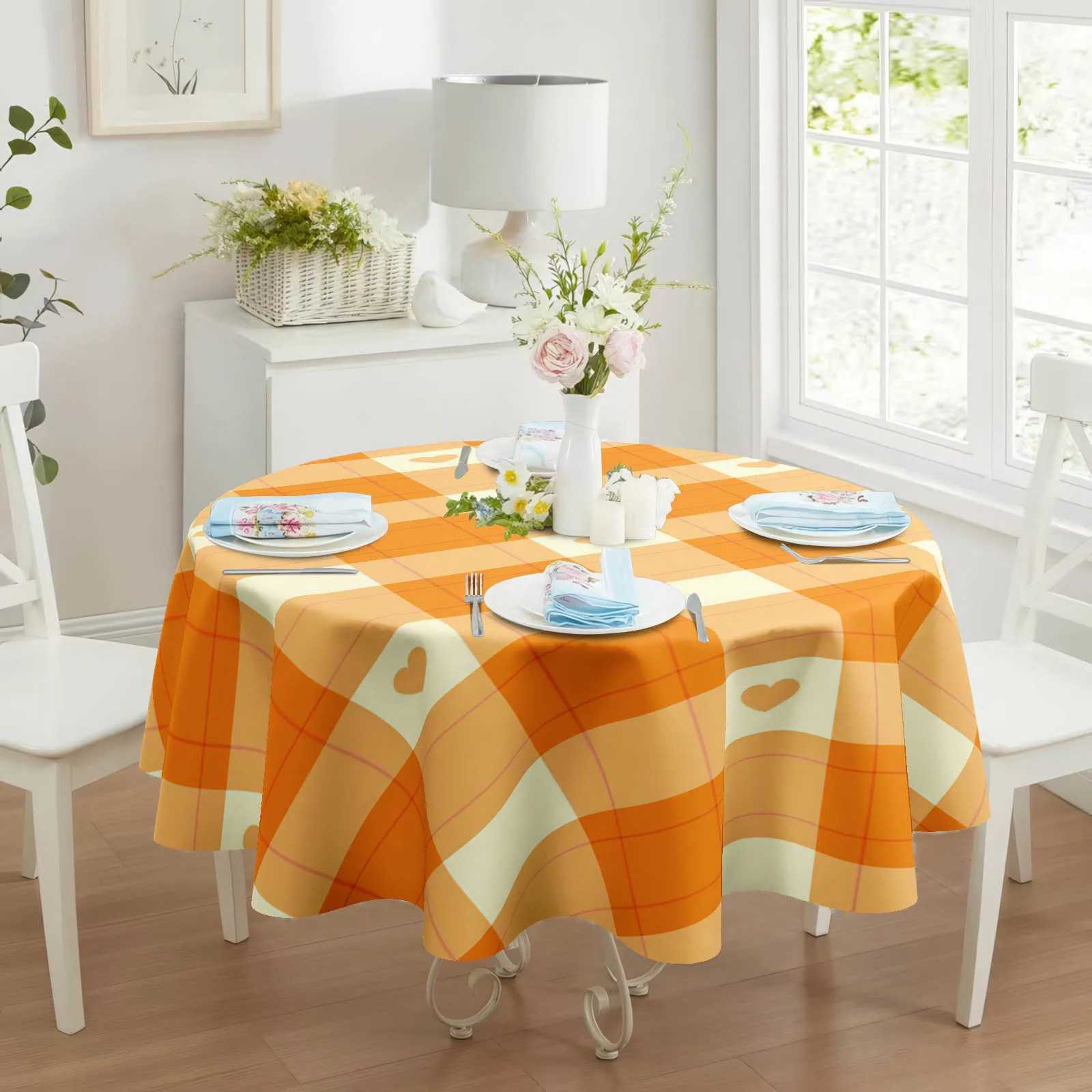 1PC tablecloth with light heart pattern between orange and white plaid, harmonious front and rear connection