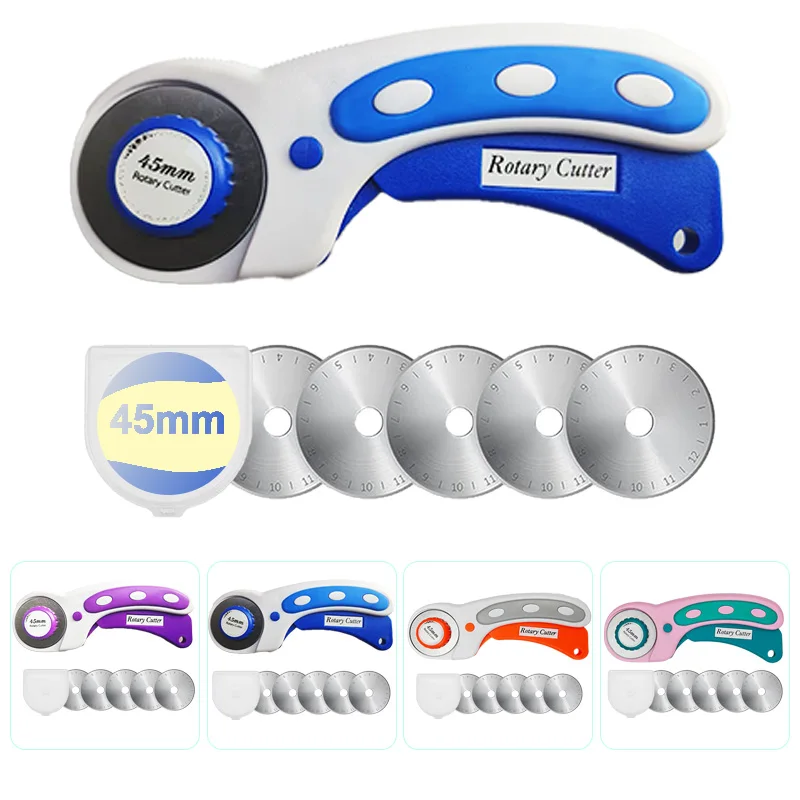 45mm Rotating Cutter with 5 Blades, Ergonomic Handle with Roller-Cutting Knife Safety Locking Device, Leather, DIY Sewing