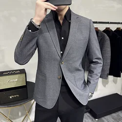 189 British men's fashion casual grey suit Korean style slim waffle suit jacket groom dress