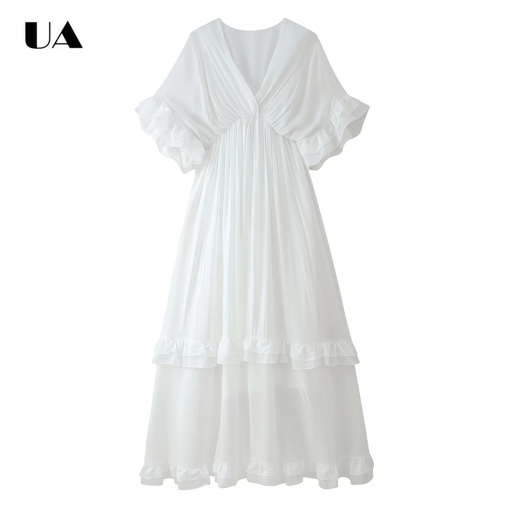 

ULBYANRY Fashionable A-line V-neck Ruffled Cuff Long Dress Vintage Tiered Ruffled Waist-cinching Maxi Dress Elegant Draped Dress