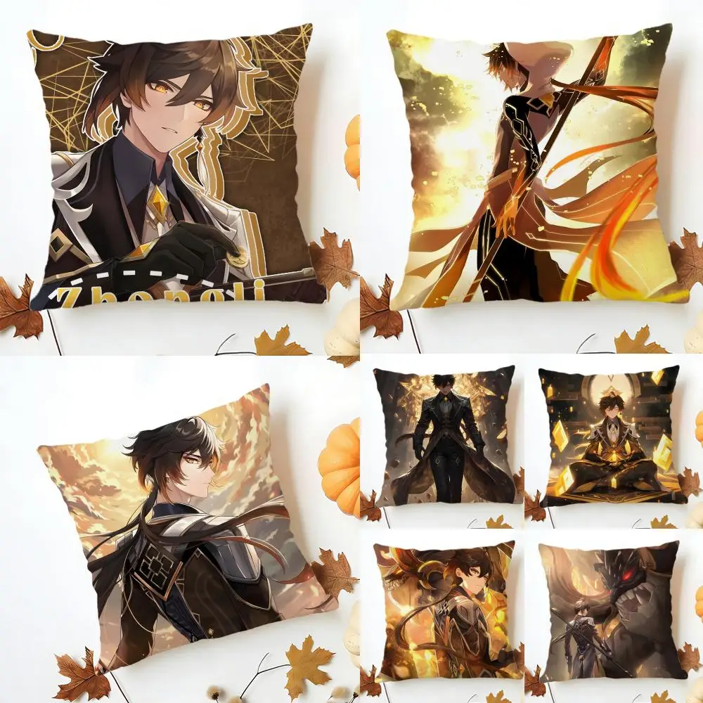 Genshin Zhongli Cushion Cover Washable Linen Pillowcase Soft  for Sofa Bed Cozy Home Room Decor