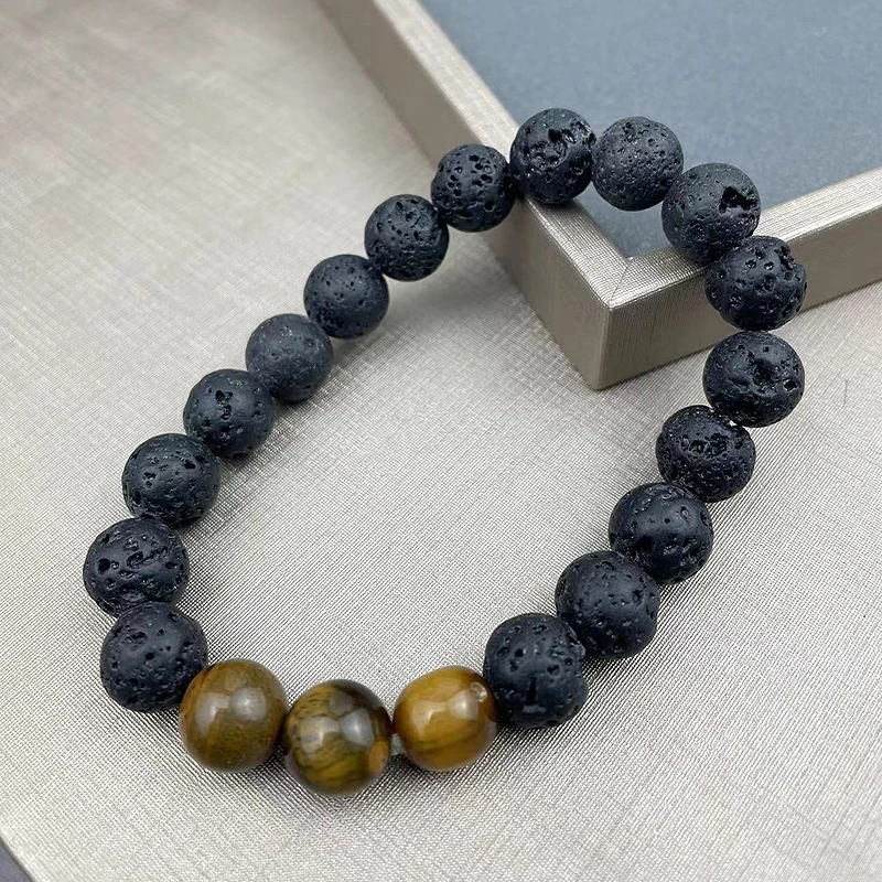 fnaf 2 rupee item 10MM Male Black Natural Stone Volcanic Tiger Eye Bead Bracelet Man Yoga Lava Pulseras Homme Jewelries Gift