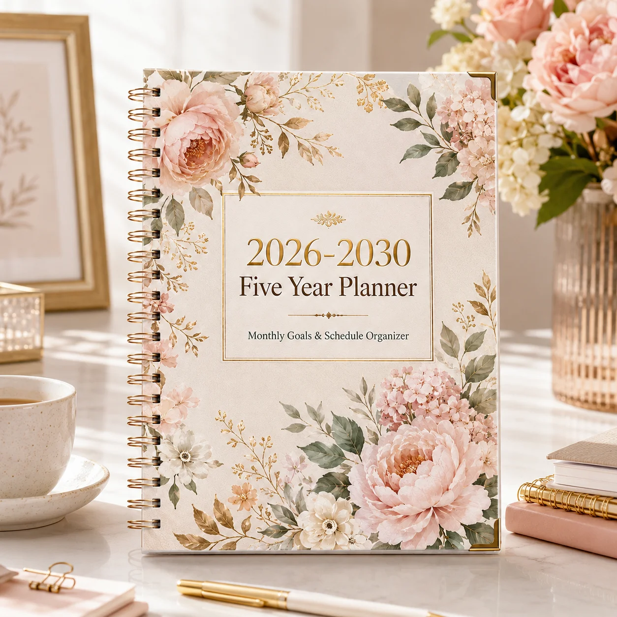 2026-2030 Monthly Planner, A5 Spiral Five Year Goal Organizer and Floral Schedule Journal for Women