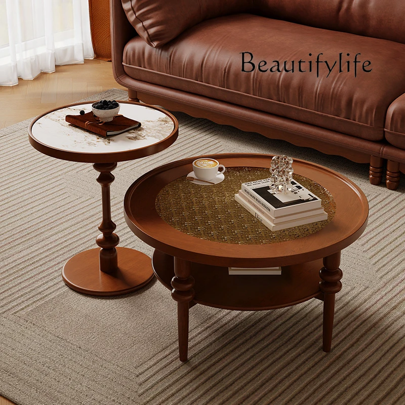 French retro solid wood round coffee table living room home tea table small coffee table American medieval tea table edge table