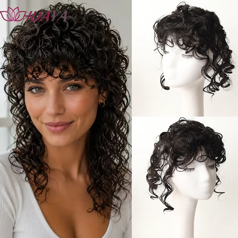 Synthetic Wool Curly Hair Topper with Bangs for Women, Easy to Wear, Covers Gray Hair for Natural Daily Hairstyles