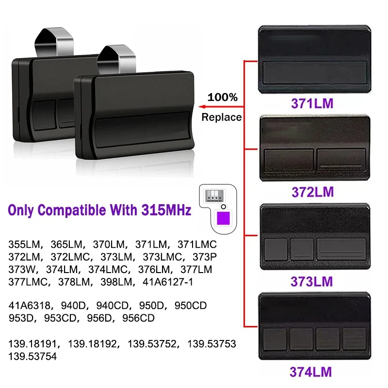 373LM 371LM Garage Door Remote Control 315MHz For 370LM 372LM 950D 953D 956D Purple Learn Button Garage Door Opener