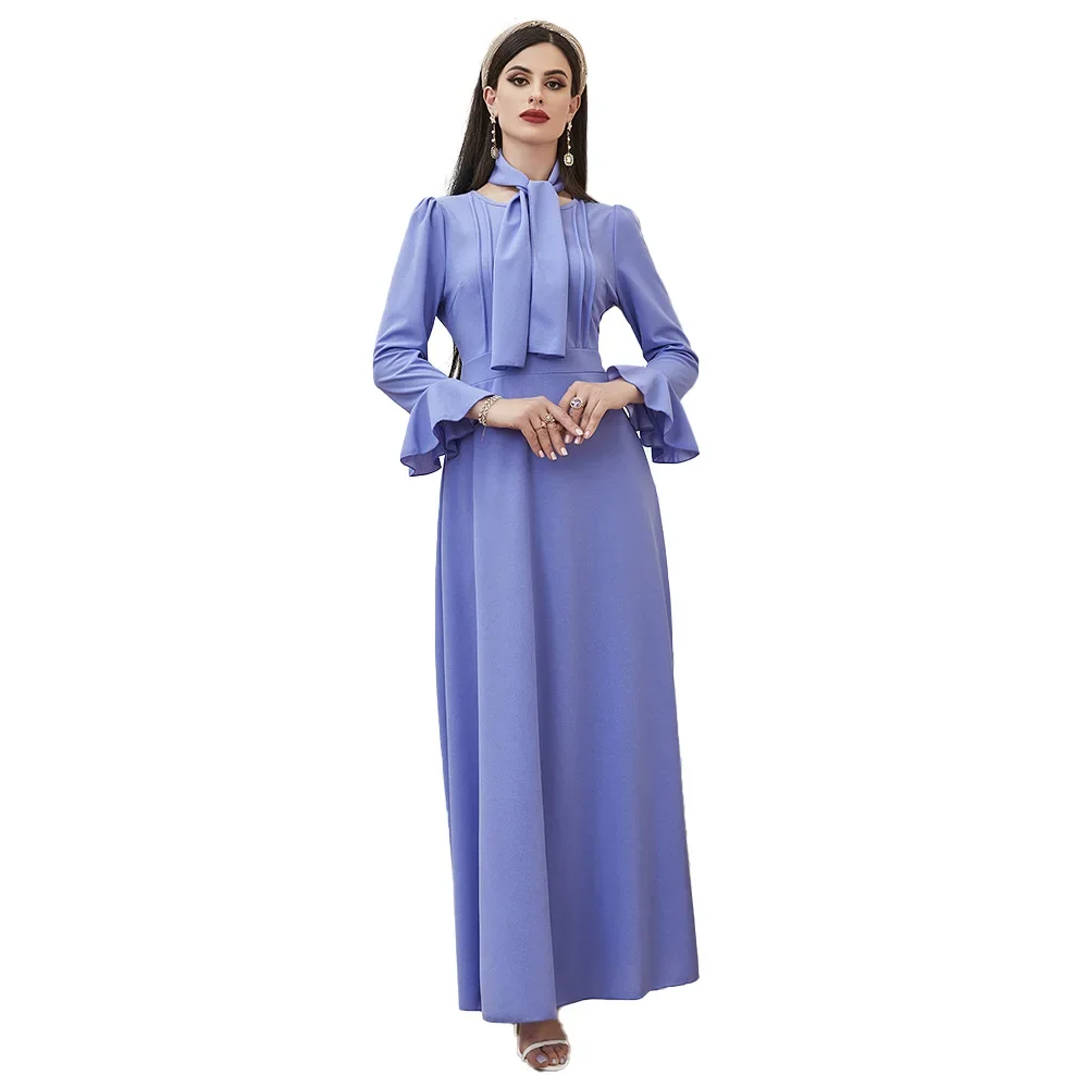 Abaya musulmano per le donne Turchia Medio Oriente Femme Robe Solid Africano Dubai Abaya Manica lunga Vita alta Peplo Abiti a trapezio