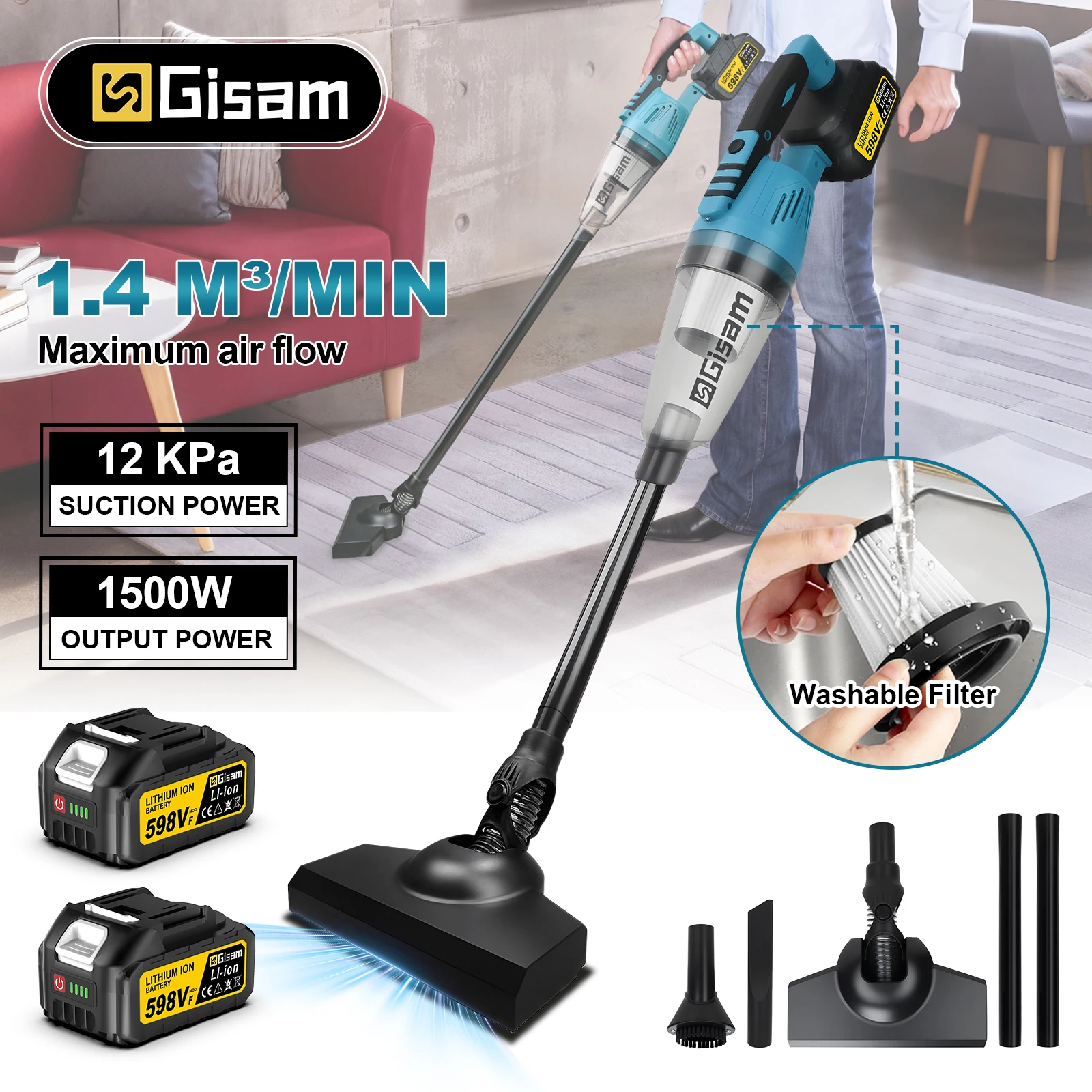 Gasam مكنسة كهربائية 12Kpa لاسلكية متعددة الوظائف نظافة يده تنظيف الثلوج الغبار أداة لماكيتا 18 فولت بطارية دبوس