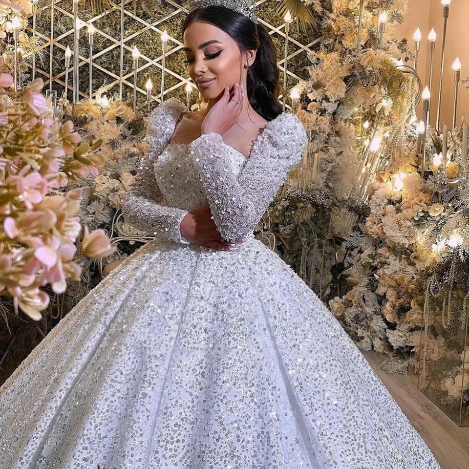 Luxury Sparkling Bridal Ball Dress Square Neck Long Sleeve Princess Wedding Dress Illusion Dubai Bride Dress Customization