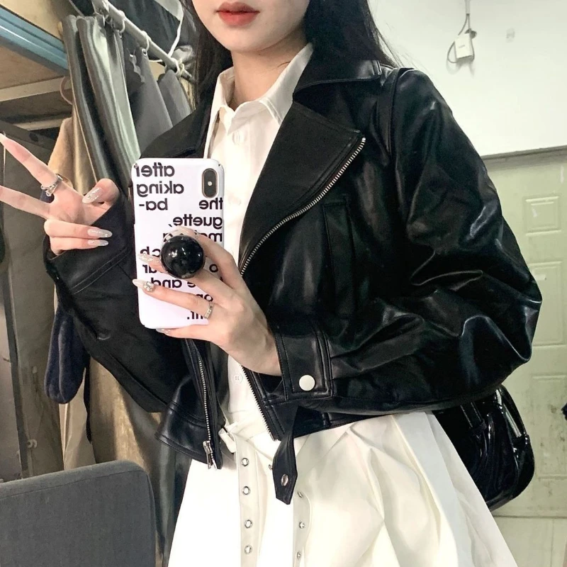 Deeptown Black Short Leather Jacket Women Vintage PU Racing Jackets Gothic Streetwear Korean Fashion Autumn Winter New Outwear