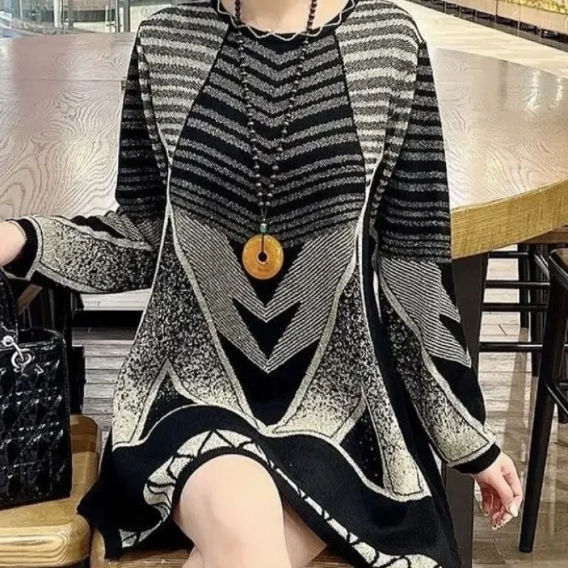 Casual Geometric Fashion Bright Silk Sweaters Autumn Winter Long Sleeve Female Clothing Round Neck Korean Midi Knitted Jumpers