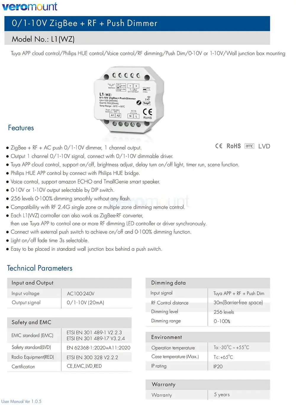 Skydance L1(WZ) 100-220VAC 1CH 0/1-10V ZigBee RF Push Dimmer Tuya APP Cloud LED Controller DIP Switch For Single Color LED Strip