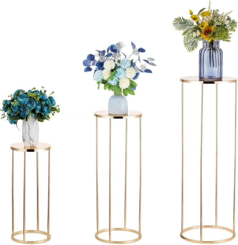 3-Pack Wedding Table Gold Metal Flower Stand - Floor Standing Vase Stand Pathway Full Height Column Tabletop Centerpiece