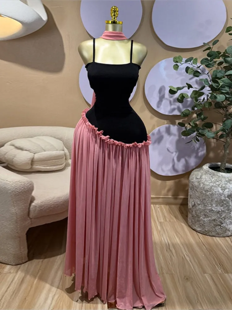 

Party Dresses For Woman Sexy Contrast Patchwork Backless Evening Dress Simple Style Vestidos Sleeveless Temperament Robe Trendy