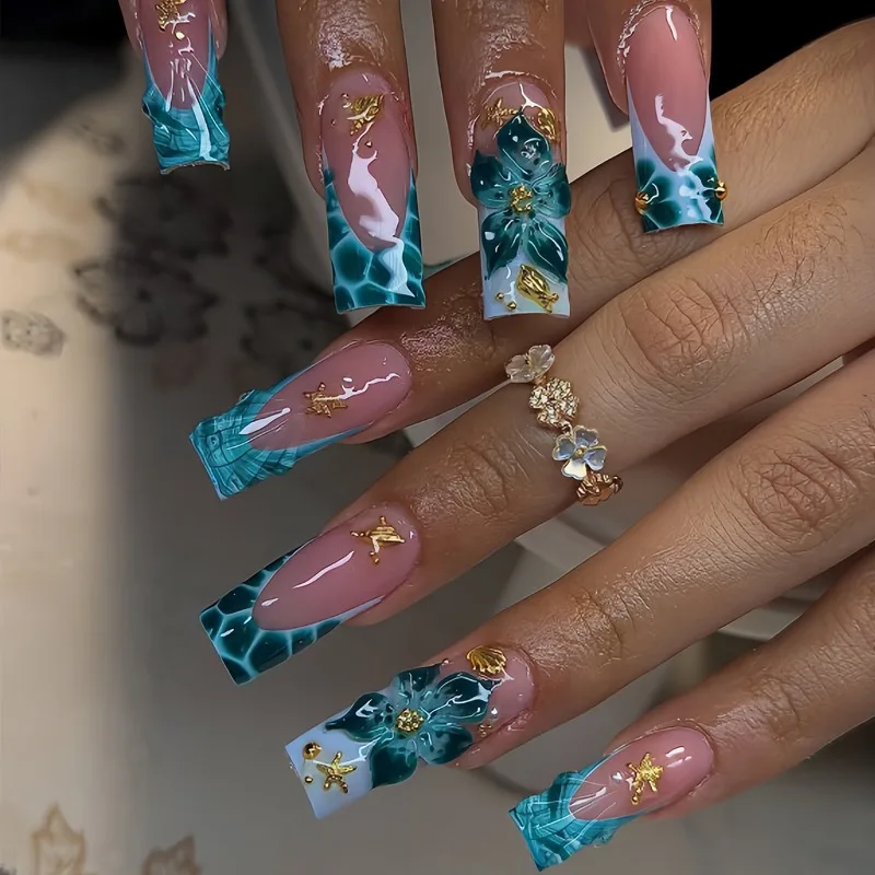 24PCS Summer Blue 3D Carved Flowers Long Square False Nails Tips Cool Beach Style Seastar Shell French Press on Nails Full Cover
