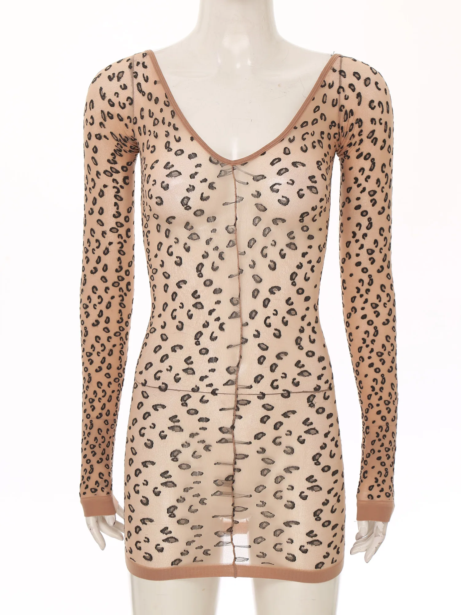 

Leopard Print Dress Up Womens Ultra Thin Long Sleeve Mini Dress Sexy See Through Deep V Dress for Lingerie Bikini Cover Up