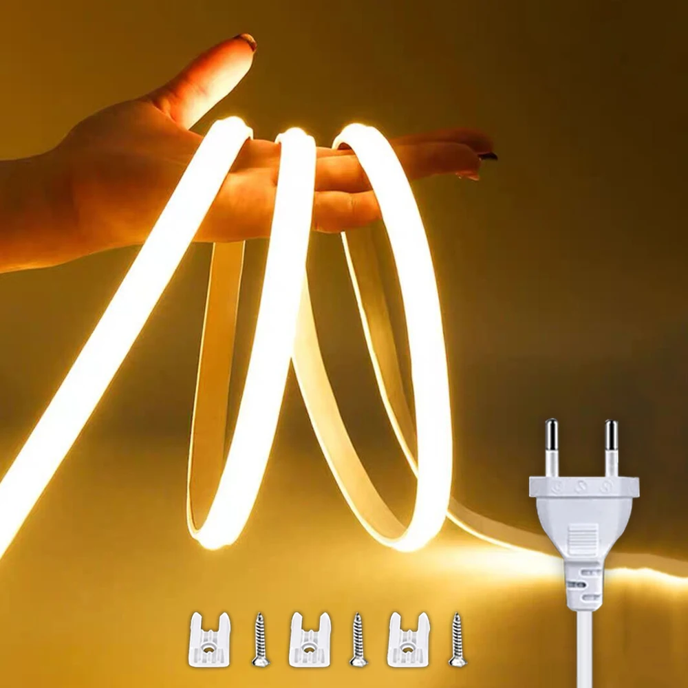 220V Led Strip with ON/OFF Switch Waterproof COB LED Strip 220V Flexible Ribbon for Room Bedroom Kitchen Outdoor Garden Lighting