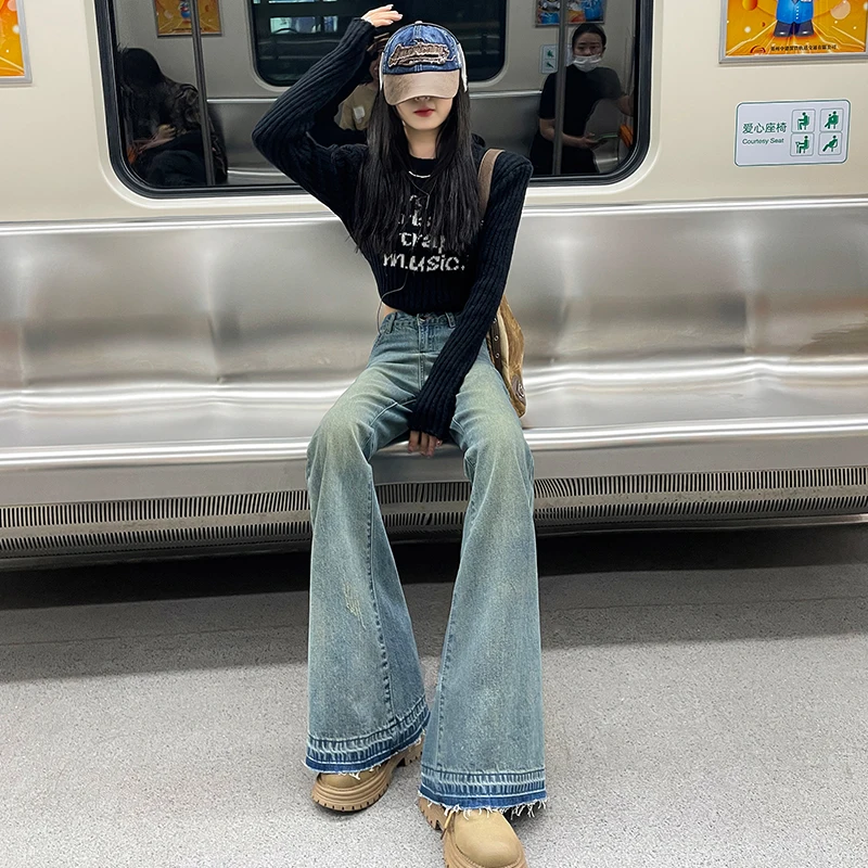 

Удобные женские прямые джинсы с высокой талией, расклешенные джинсовые брюки для отдыха, эластичные однотонные брюки-клеш, женские брюки