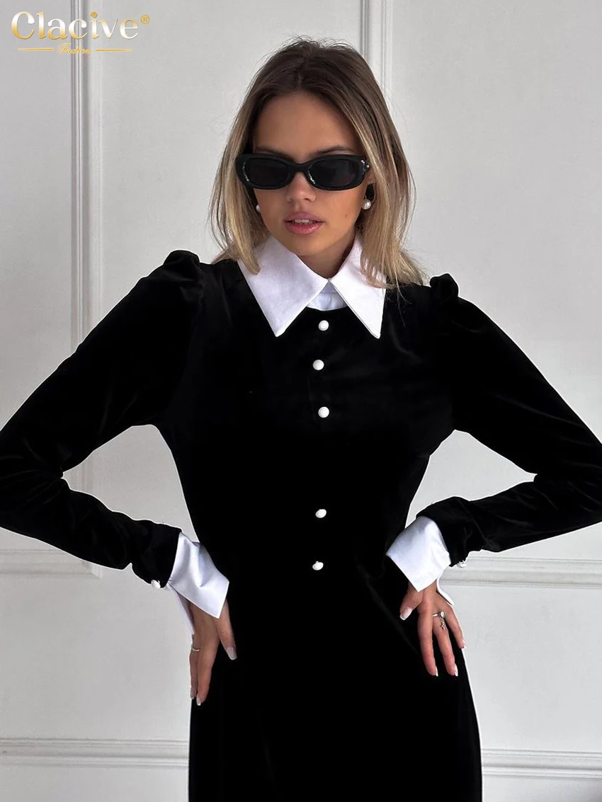 Clacive Fashion Slim Black Ptachwork Office Lady Dress Elegant Classic Lapel Long Sleeve Ankle Length Dresses For Women 2024