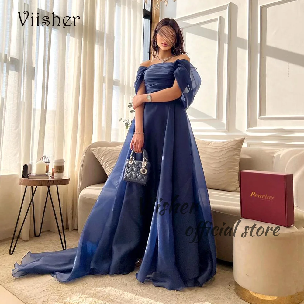 

Viisher Blue Organza A Line Evening Dresses Off Shoulder Long Saudi Arabia Formal Prom Dress Dubai Ceelbrate Party Gowns