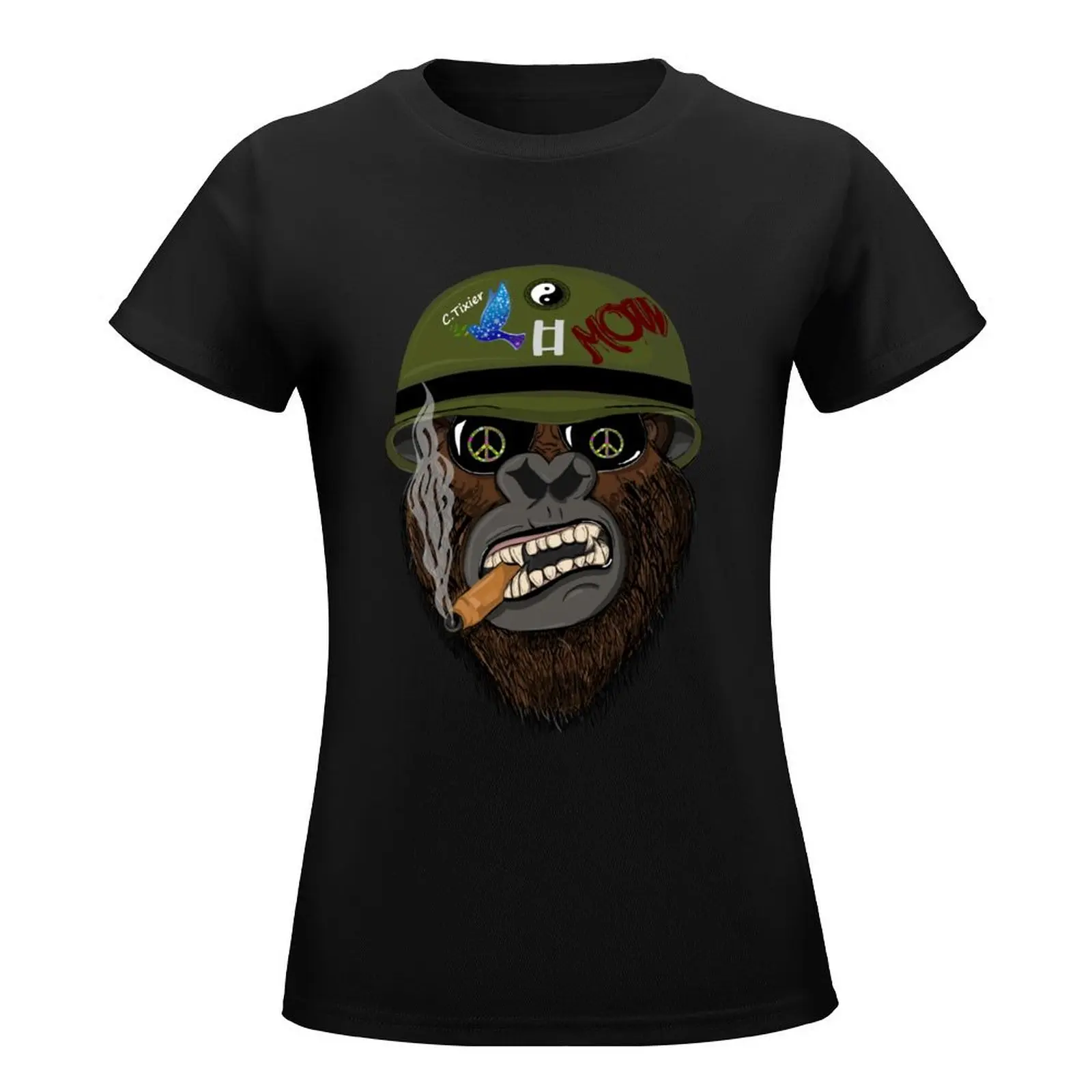 Drunken Monket Style Digital Art T-Shirt tops Short sleeve tee animal print shirt for girls black t-shirts for Women