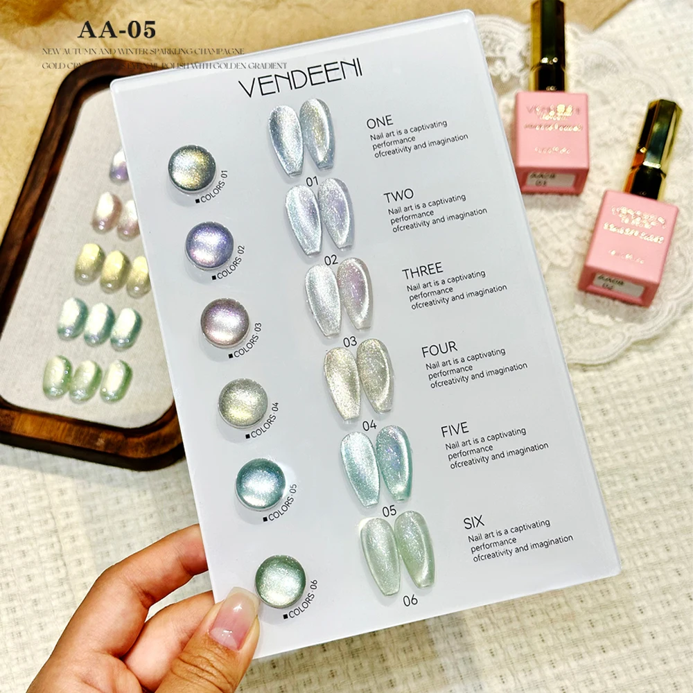 Vendeeni 6 Farben/Set Glitzer Kristall Cat Eye Gel Nagellack Magnetischer Maniküre Nagellack mit Farbkarte TPO/HEMA FREE