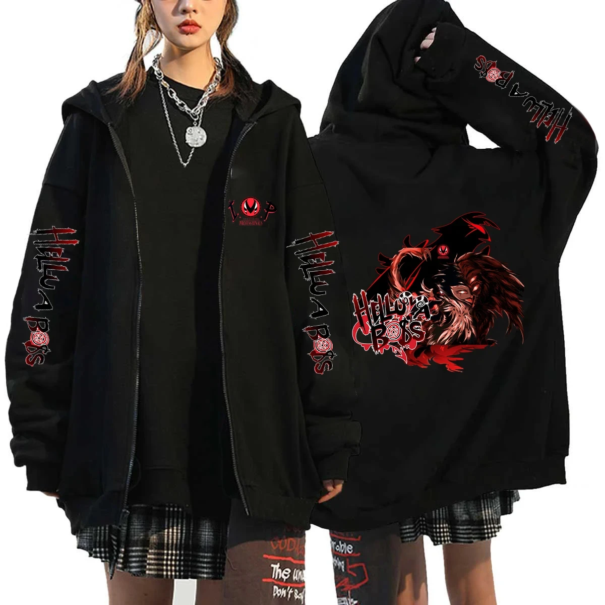 Sudadera con capucha para amantes del anime, estilo Helluva Boss, estampado 2D negro, informal