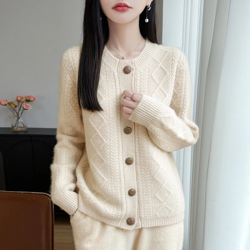 Women's Merino Wool Cardigan Sweater Autumn Winter O-Neck Diamond Cable Knit Big Button Elegant Supple Cozy Long Sleeve Knit Top