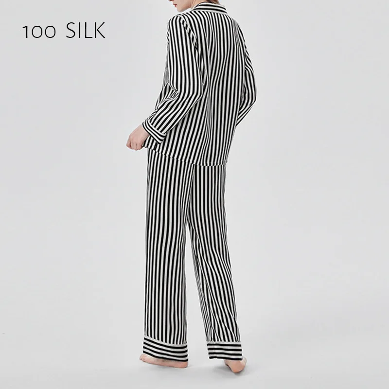 Summer Spring Autumn Striped Lounge Wear Set 100% Mulberry Silk Long Sleeved Pants Pajamas Loose Fit Trousers Large Size Soft