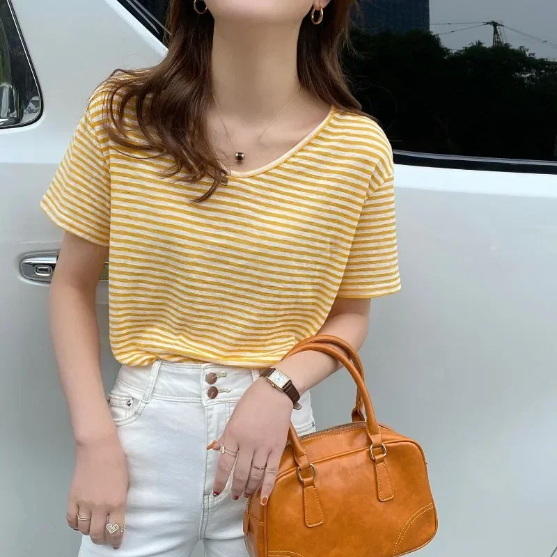 

T Shirt for Women Summer Outfit Short Sleeve Baggy Yellow Striped Tops Woman Basic 90s Vintage Fashion Korea Clothes Sale B780