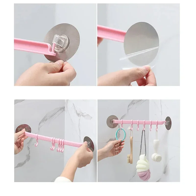 Wall-mounted Kitchen Hooks Suction Cup 6 Hooks Strong Adhesive  Seamless Hooks Kitchen Adhesive Plastic Hooks Dishcloth Rack