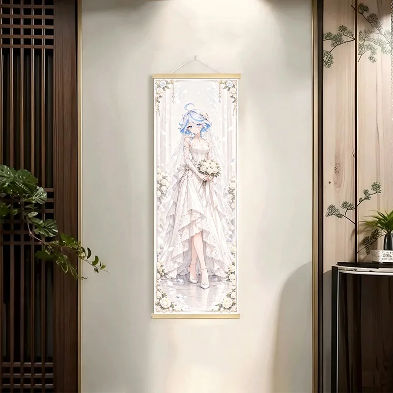 Furina Genshin Impact Hanging Scroll with Blue and White Anime Characters in Elegant Fantasy Outfits for a Bedroom Reading Nook