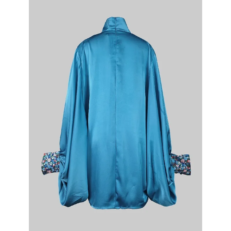 티나 블루 배트윙 슬리브 드레스 여성 2025 루즈핏 터틀넥 주름 파티 이브닝 드레스 플라워 프린트 여성 의류 106607