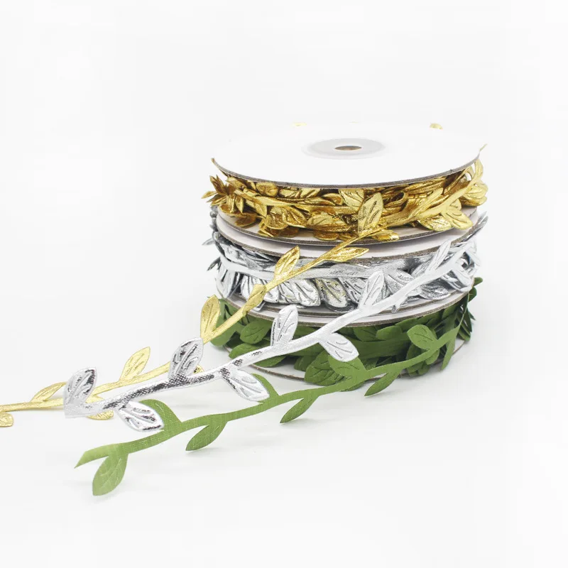 10M Silver Gold Green Leaf Ribbon Artificial Vines Leaves String Trim Ribbon for Party Wedding Decor Home Wreaths DIY Craft