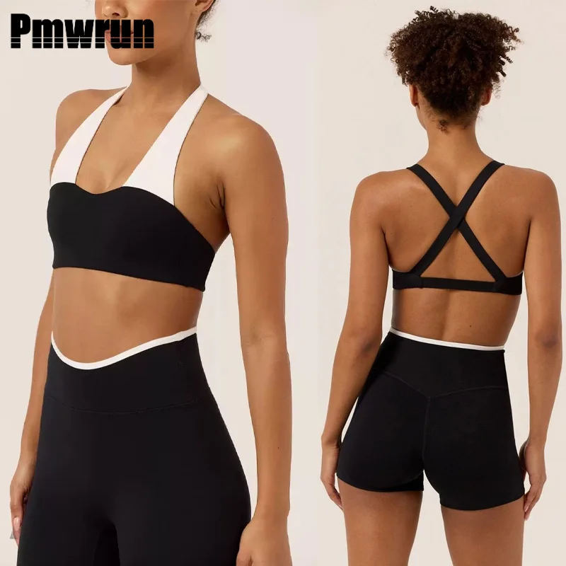 

PMWRUN комплекты для йоги из трех предметов, комплект для йоги с бретелькой на шее, спортивный бюстгальтер, шорты и леггинсы, эластичные, дышащие, для занятий йогой