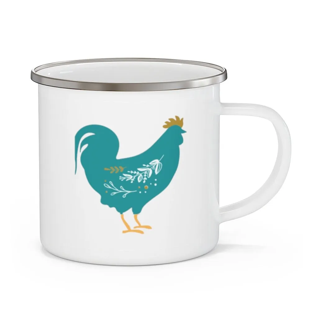 Teal Floral Rooster Floral Chicken Lover Gift, Chicken Farm Life Enamel Camping coffee Mug