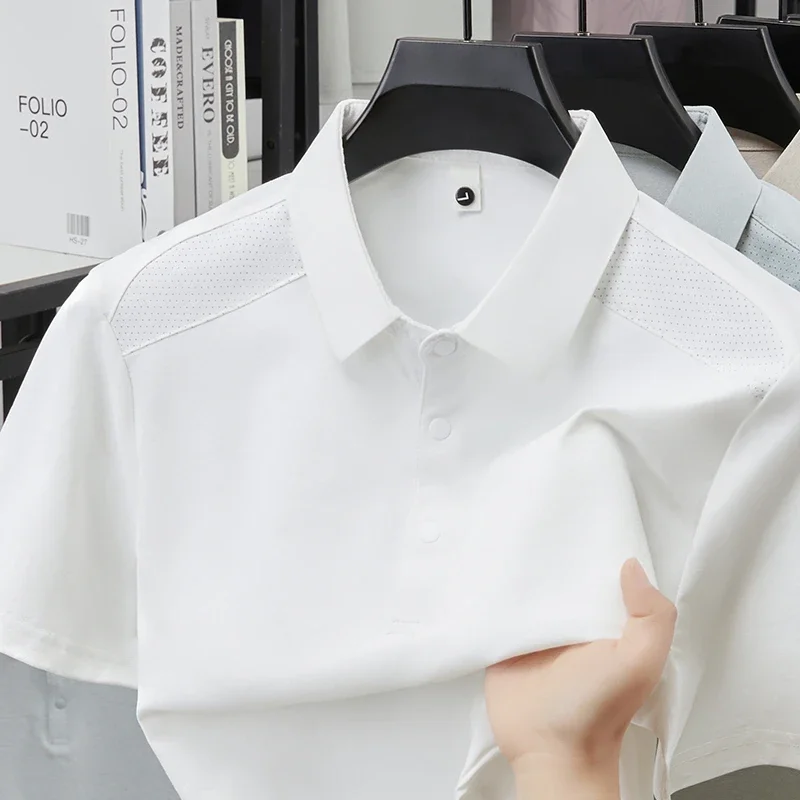 Men's Lapel Collar Polo Tee Short Sleeve Soft Wrinkle Resistant Fabric Perforated Shoulder Casual Business Daily Summer Wear