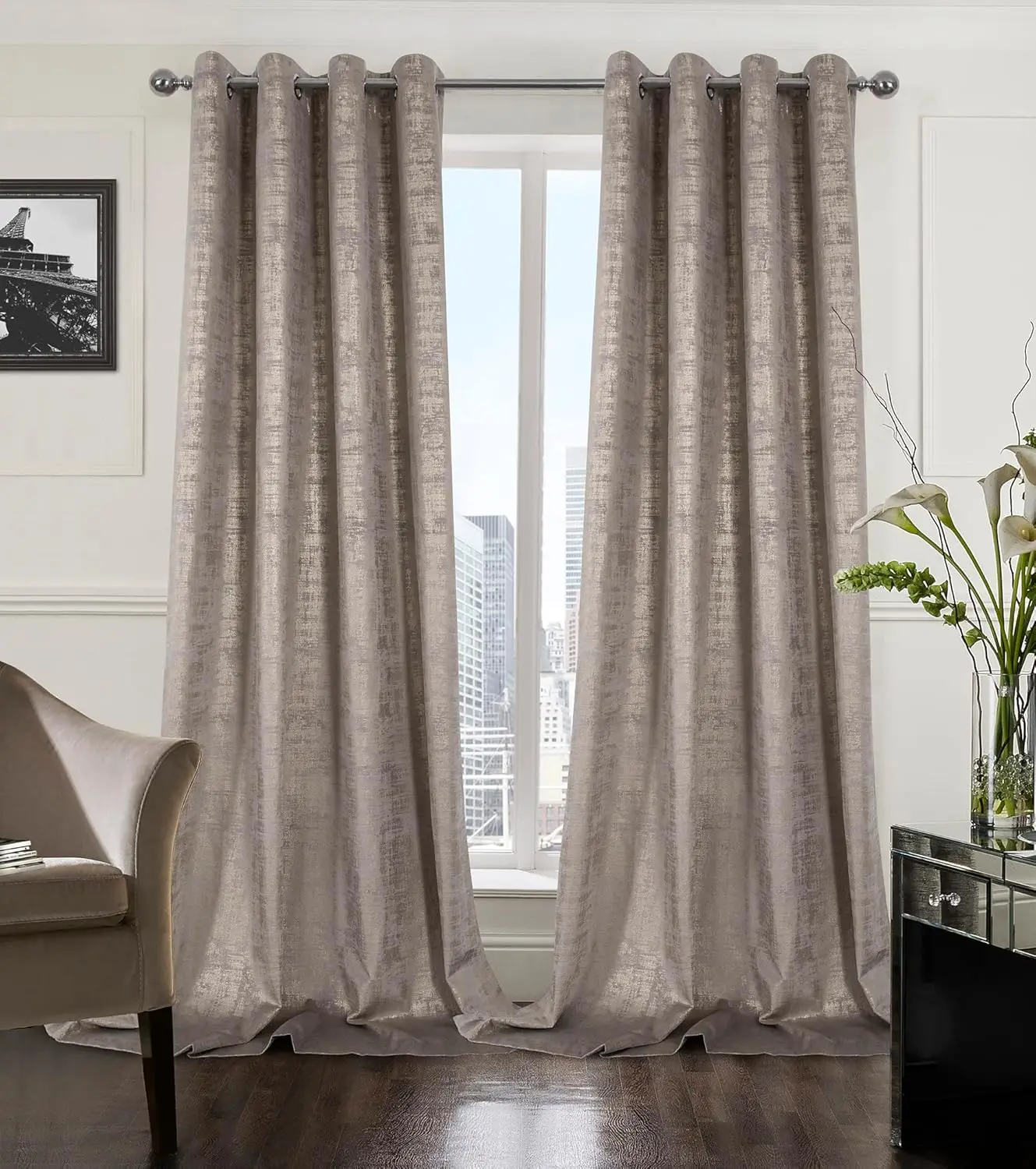

Champagne Soft Velvet Curtains 108 Inch Length Long Luxury Bedroom Curtains Gold Foil Print Window Treatments for Living