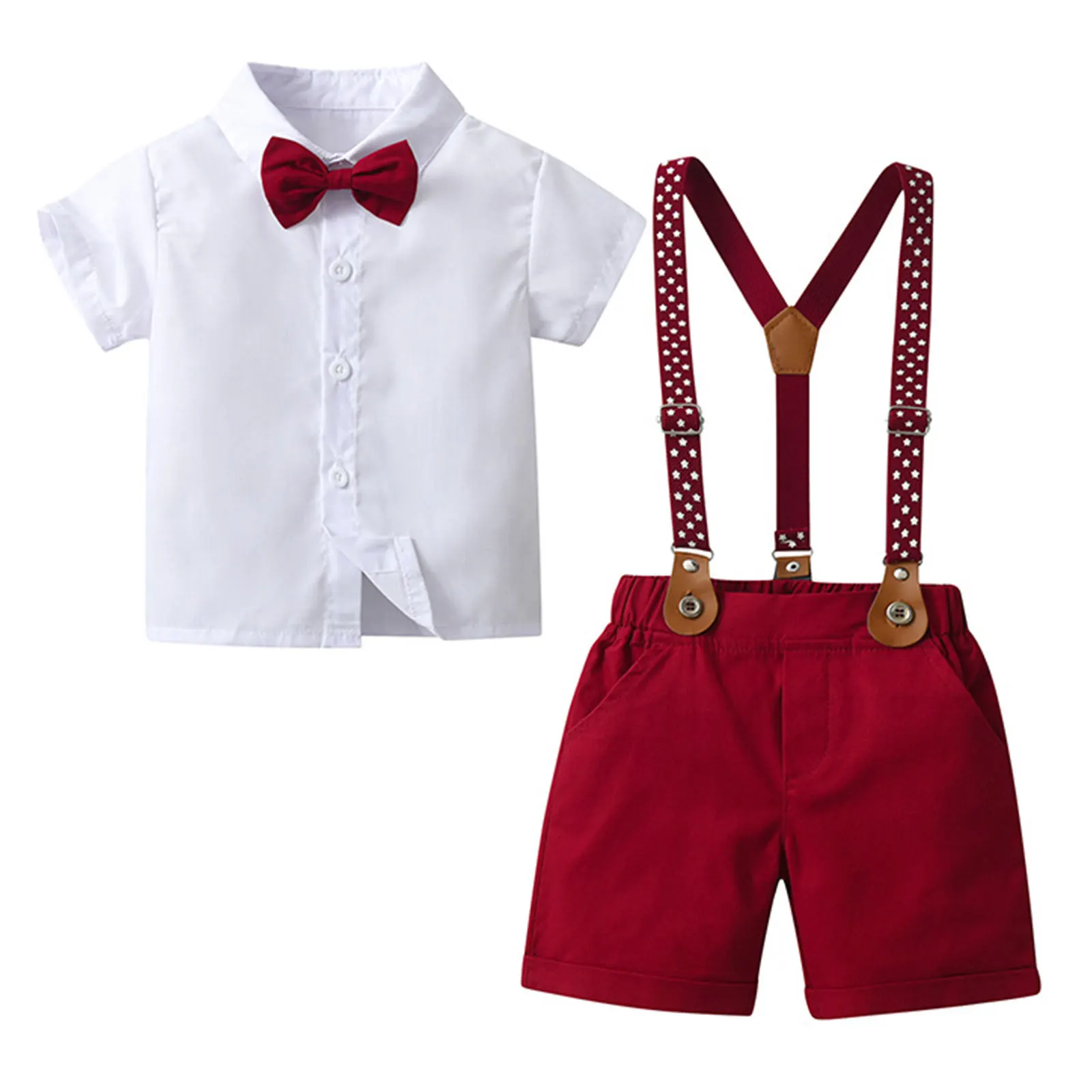 

Kids Boys Formal Gentleman Suit Christening Birthday Wedding Party Clothes Short Sleeve Shirt with Suspender Shorts Bowtie Set