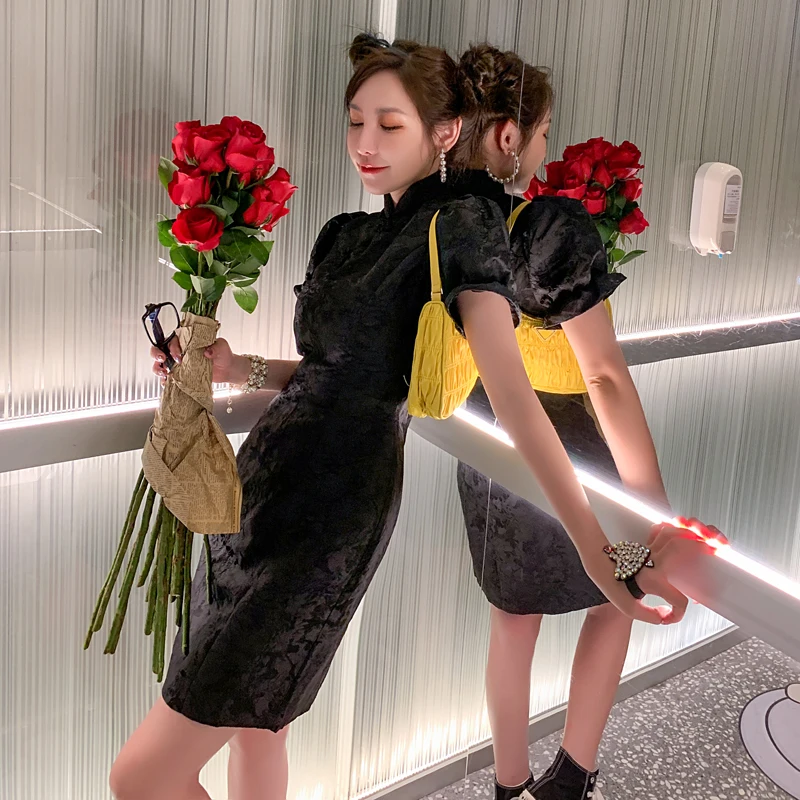 

Slimming Young Women's Qipao Dr Sexy Slit Button Front Tang Suit ort Flag Robe Low Slit Daily Wear Vintage Sle ort S...