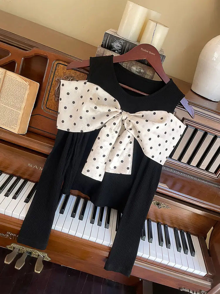 Kimotimo T Shirt Women French Retro Bow Polka Dot Patchwork Off Shoulder Long Sleeve Crop Tops 2204 Autumn Y2k Slim Tee Pullover image 5