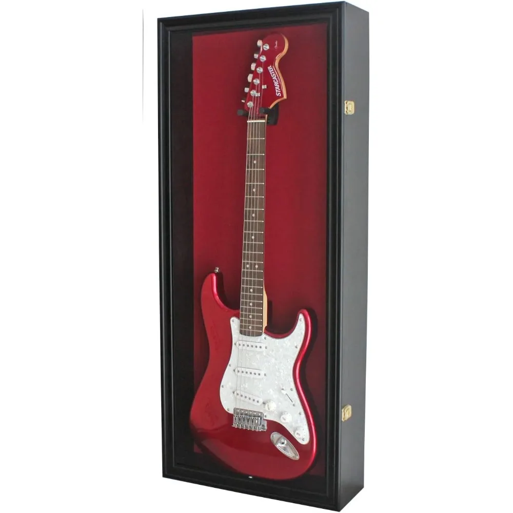 

42" Electric Guitar Display Case Cabinet Shadow Box with Guitar Hanger Stand, Lockable UV Protection Red Color Felt Interior wi