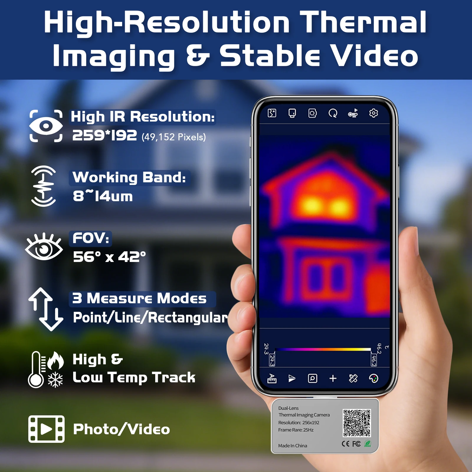 For Android Phone Thermal Imaging Camera, 256x192 IR Resolution & 640x480 Visible Camera, 25Hz Temp Alarm, Type-C Interface