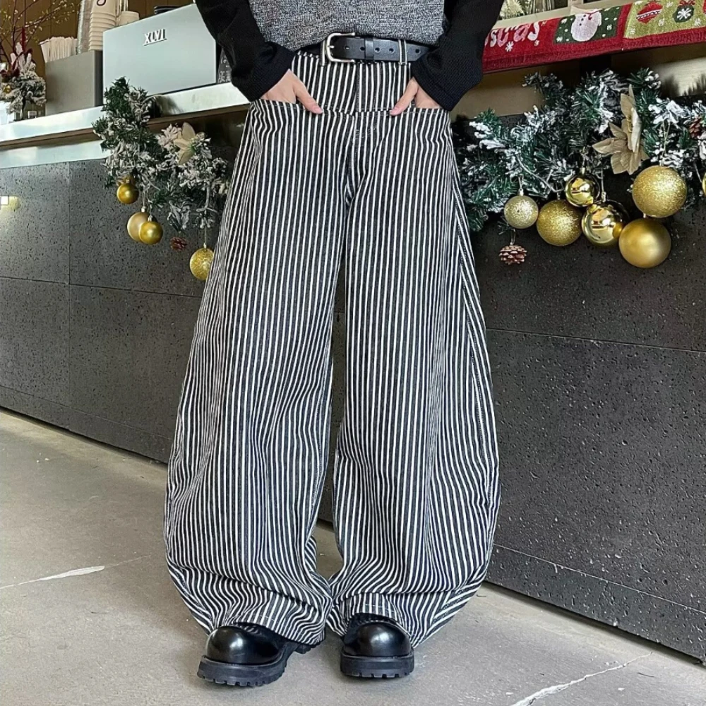 TWOTWINSTYLE Black Spliced Striped Chic Trousers Female High Waist Loose American Retro Women's Wide Leg Pants Autumn Fashion
