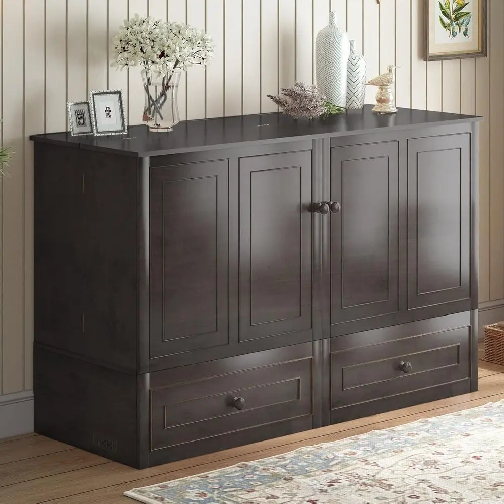 Murphy Cabinet Bed Queen Size k Grey | with Tri-olding Mattr, 2 Storage Ders & USB Charging Station, Wooden Wall Chest Bed