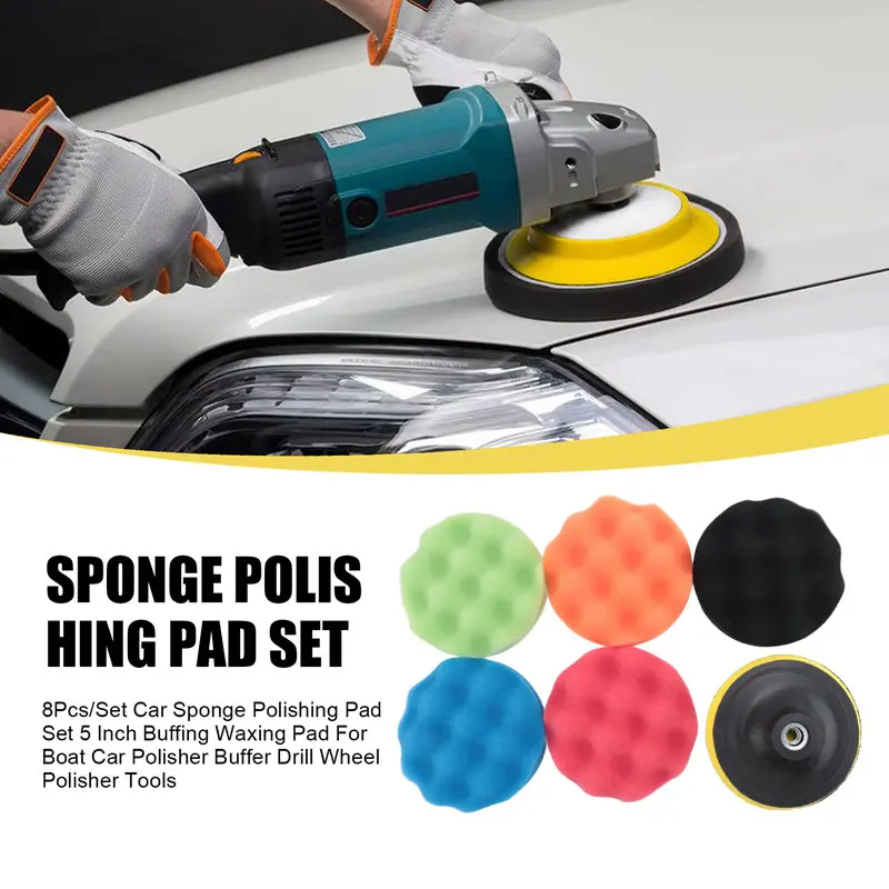 ABJA-8Pcs/Set Car Sponge Polishing Pad Set 5 Inch Buffing Waxing Pad For Boat Car Polisher Buffer Drill Wheel Polisher Tools