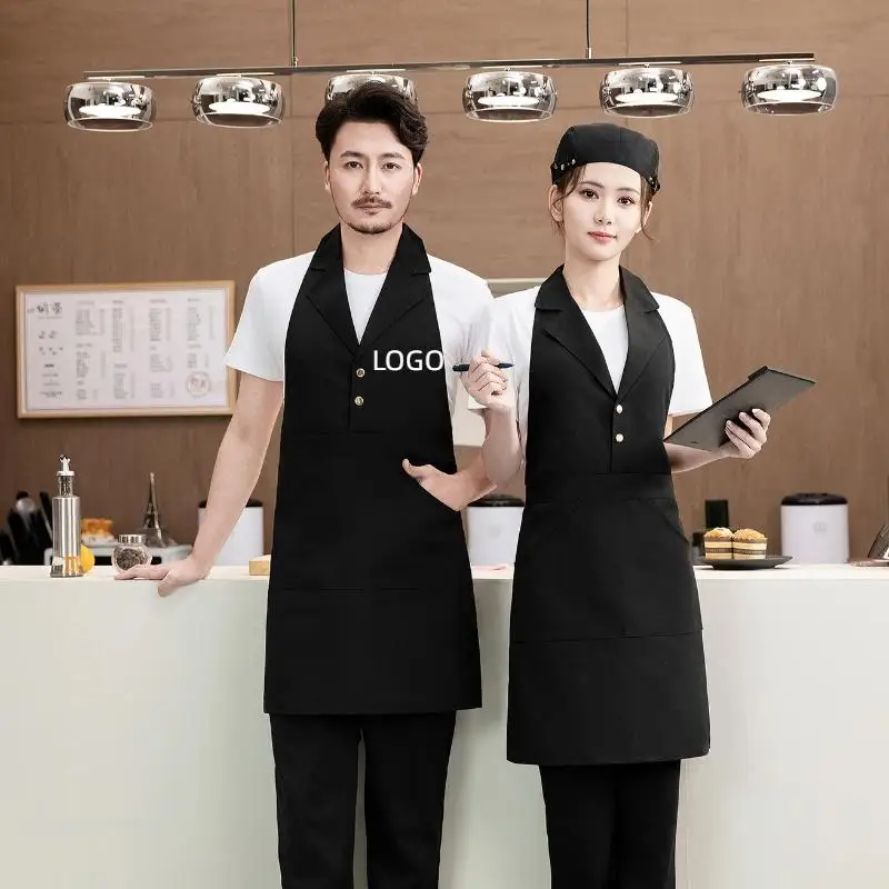 Suit Collar Apron Custom Logo Printing Coffee Shop Baking Bakery Restaurant Waiter Lapel Apron Waterproof Canvas Work Clothes
