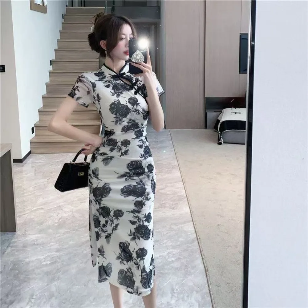 Summer New Improved Cheongsam Dress For Young Women, Elegant Vintage Slim Fit Qipao With High Slit & Floral Print